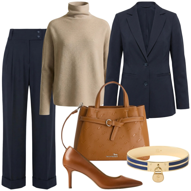 Outfit donna - Total look #2350781. Stile Chic per Ufficio. Abbinamento con blazer, borse a mano, pantaloni, maglieria, décolleté, braccialetti con ciondoli.
