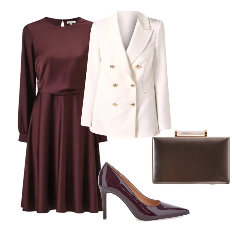 Outfit donna - Maronglasse. Stile Chic per Serata fuori. Abbinamento con blazer, vestiti midi/longuette, clutch, décolleté.