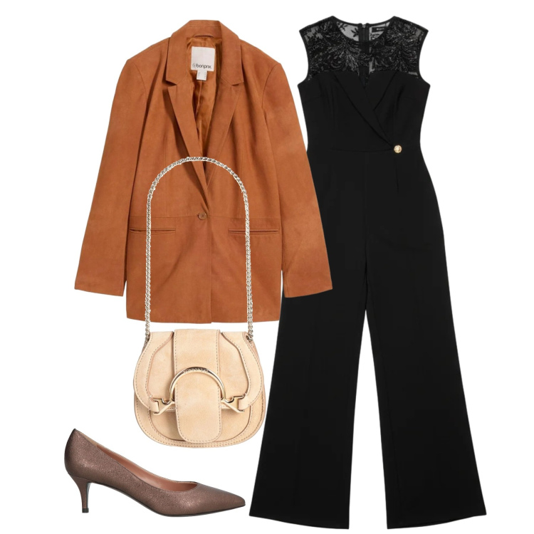 Outfit donna - Serata jumpsuit. Stile Chic per Tutti i giorni. Abbinamento con marsupi, décolleté, blazer, tute.