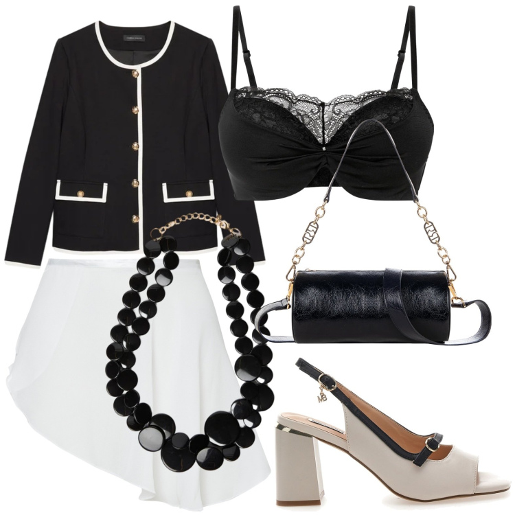 Outfit donna - Office chic. Stile Casual chic per Ufficio. Abbinamento con reggiseni push-up, blazer, collane, minigonne, borse a mano, sandali col tacco.