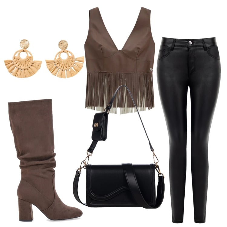 Outfit donna - Total look #2350793. Stile 70s per Serata fuori. Abbinamento con orecchini, top, pochette, pantaloni skinny, stivali sopra il ginocchio.