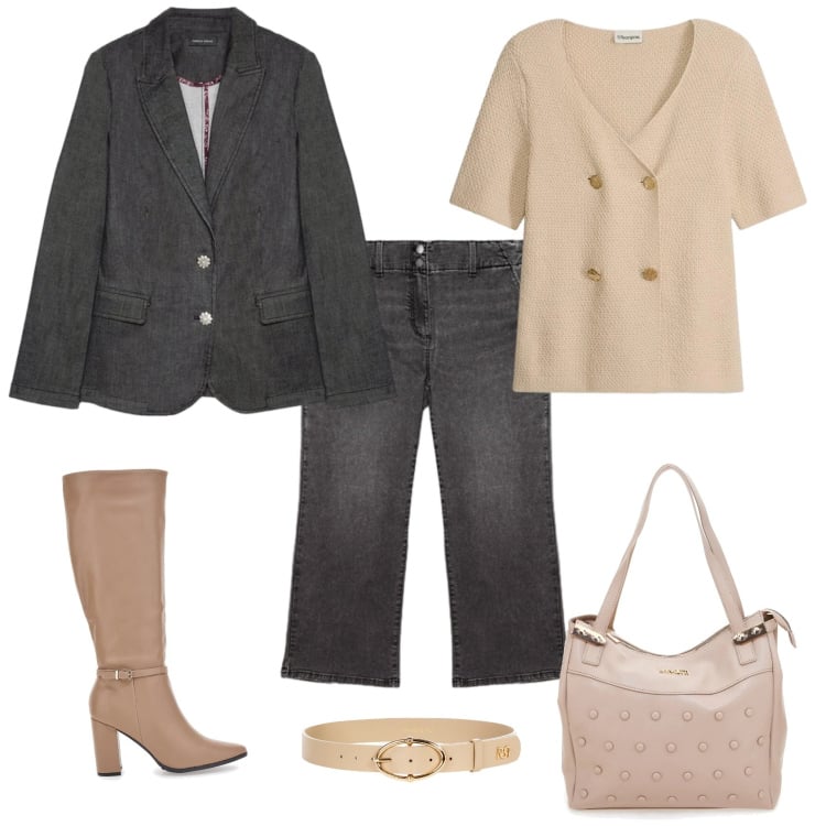 Outfit donna - Total look #2350794. Stile Casual chic per Ufficio. Abbinamento con cardigans, blazer, jeans, cinture, stivali, shopping bag.