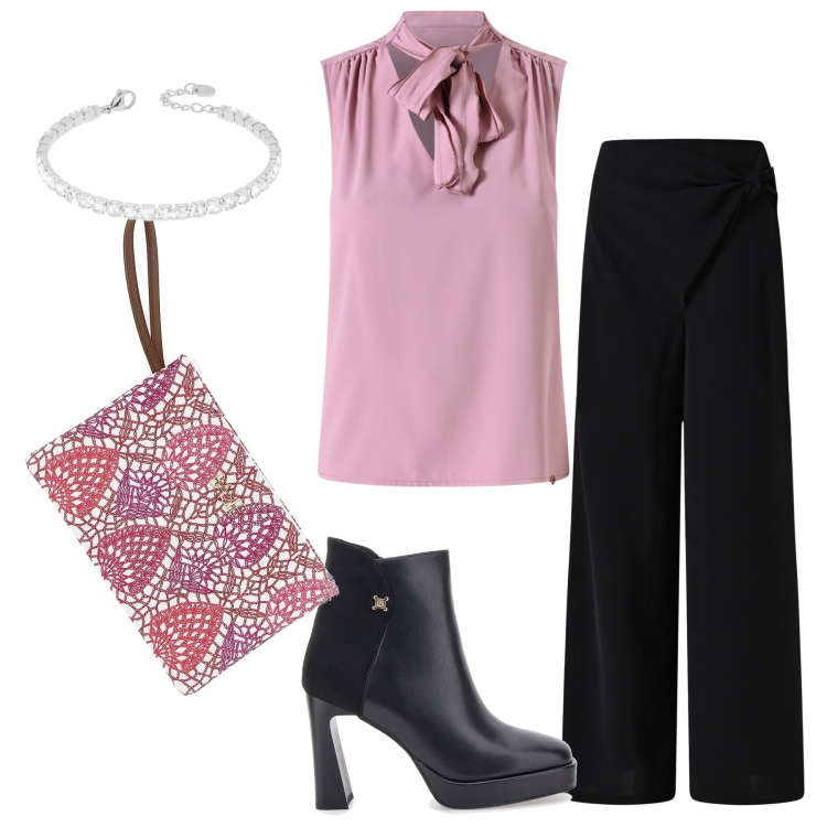 Outfit donna - Total look #2350798. Stile Bon Ton per Ufficio. Abbinamento con braccialetti, pantaloni, top, pochette, stivaletti.