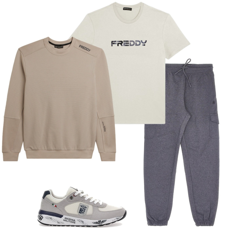Outfit uomo - Sport. Stile Casual per Sport. Abbinamento con felpe, t-shirt, sneakers, pantaloni cargo.