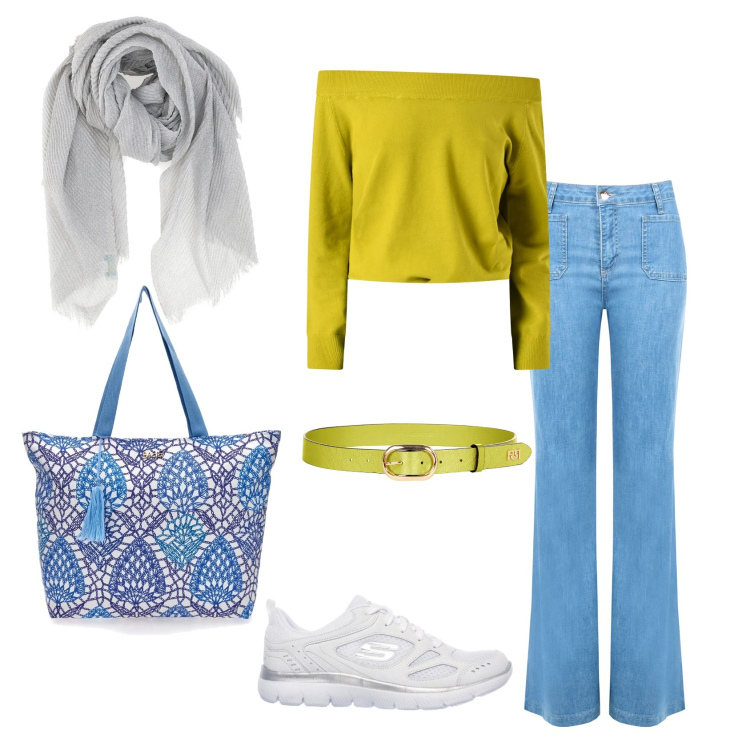 Outfit donna - Total look #2350804. Stile Casual chic per Tutti i giorni. Abbinamento con cinture, maglieria, jeans, sneakers, foulard, shopping bag.