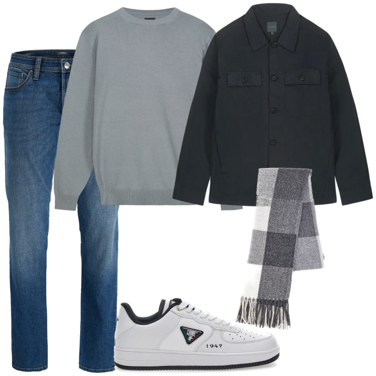 Outfit uomo - Total look #2350805. Stile Casual per Tutti i giorni. Abbinamento con jeans, maglieria, sciarpe, sneakers, cappotti.