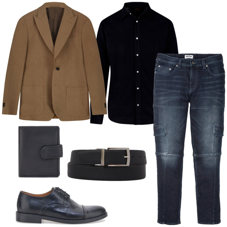 Outfit uomo - Il blazer leggero. Stile Business/Elegante per Ufficio. Abbinamento con jeans slim fit, camicie, portafogli, cinture, giacche, scarpe stringate.