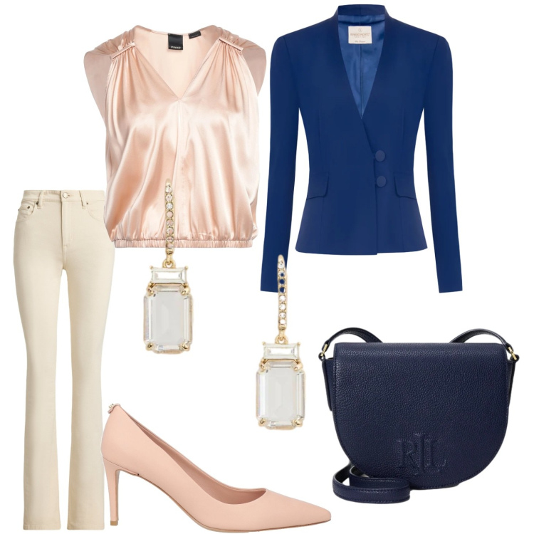 Outfit donna - Blazer di primavera. Stile Casual chic per Scuola/Università. Abbinamento con top, décolleté, blazer, jeans bootcut, orecchini, borse a tracolla.