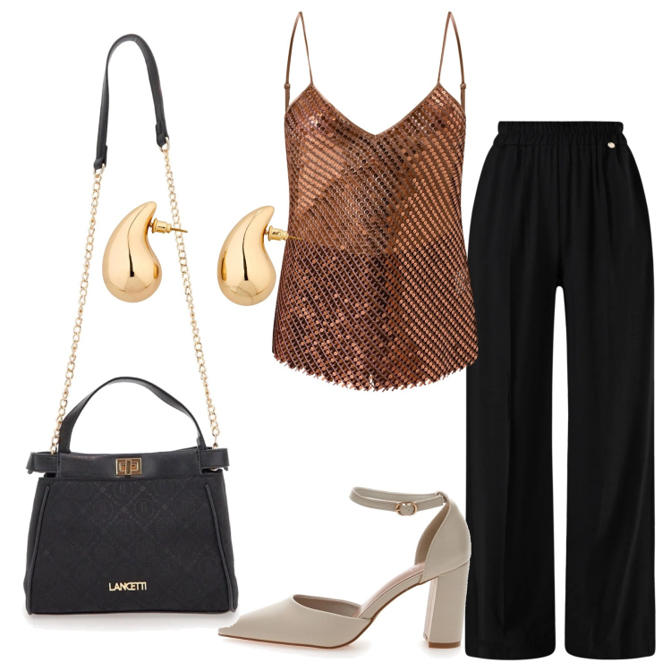 Outfit donna - Total look #2350818. Stile Glamour per Serata fuori. Abbinamento con orecchini, pantaloni a palazzo, canottiere, borse a tracolla, décolleté.