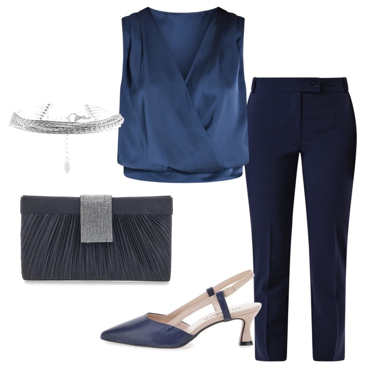 Outfit donna - Total look #2350820. Stile Bon Ton per Ufficio. Abbinamento con braccialetti, top, pantaloni, décolleté, pochette.