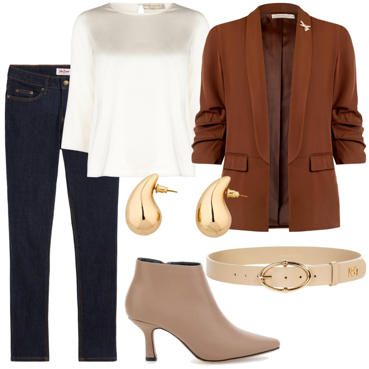 Outfit donna - Total look #2350821. Stile Casual chic per Tutti i giorni. Abbinamento con jeans skinny, orecchini, blazer, bluse, cinture, stivaletti.