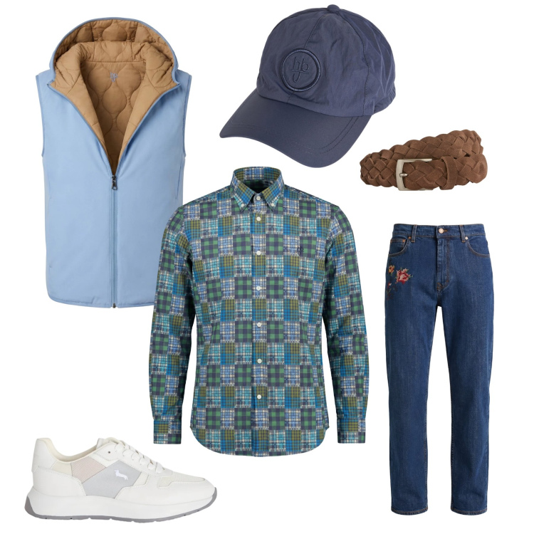 Outfit uomo - Dynamic Countryside. Stile Urban per Tutti i giorni. Abbinamento con camicie, cinture, jeans, sneakers, cappelli, piumini.