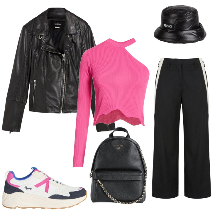 Outfit donna - Pink Rebel Edge. Stile Rock per Serata fuori. Abbinamento con top, zaini, cappelli, blazer, pantaloni, sneakers.