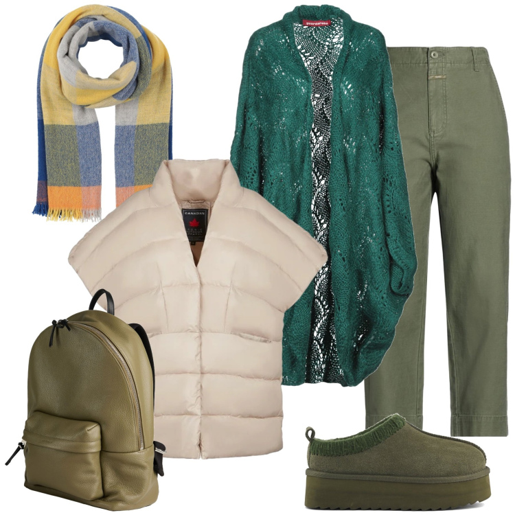 Outfit donna - Green. Stile Casual per Tutti i giorni. Abbinamento con cardigans, pantaloni, zaini, sciarpe, piumini, sabot.
