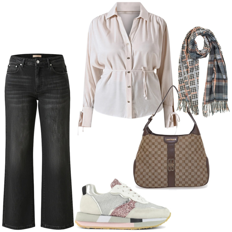 Outfit donna - Total look #2350828. Stile Casual per Tutti i giorni. Abbinamento con jeans, camicie, sciarpe, sneakers, borse a spalla.