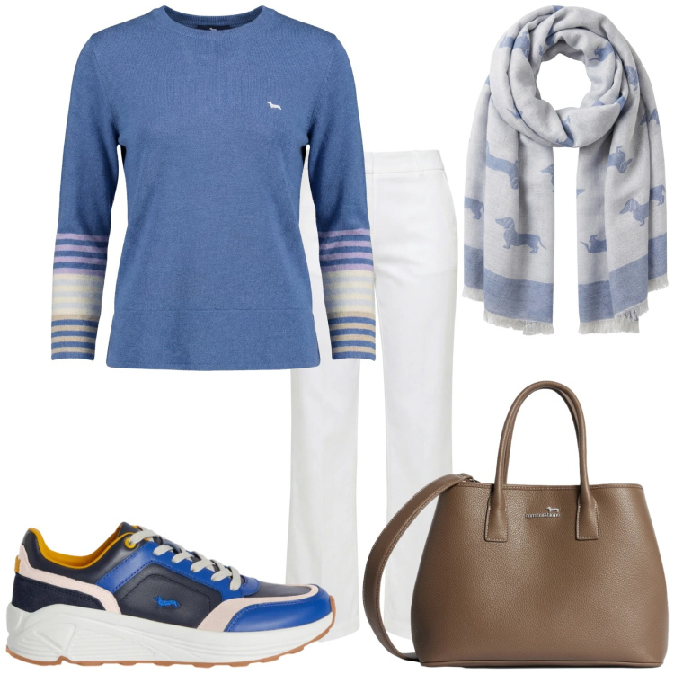 Outfit donna - Look per il week-end. Stile Casual chic per Tutti i giorni. Abbinamento con sneakers, sciarpe, pantaloni, pullovers, borse a tracolla.