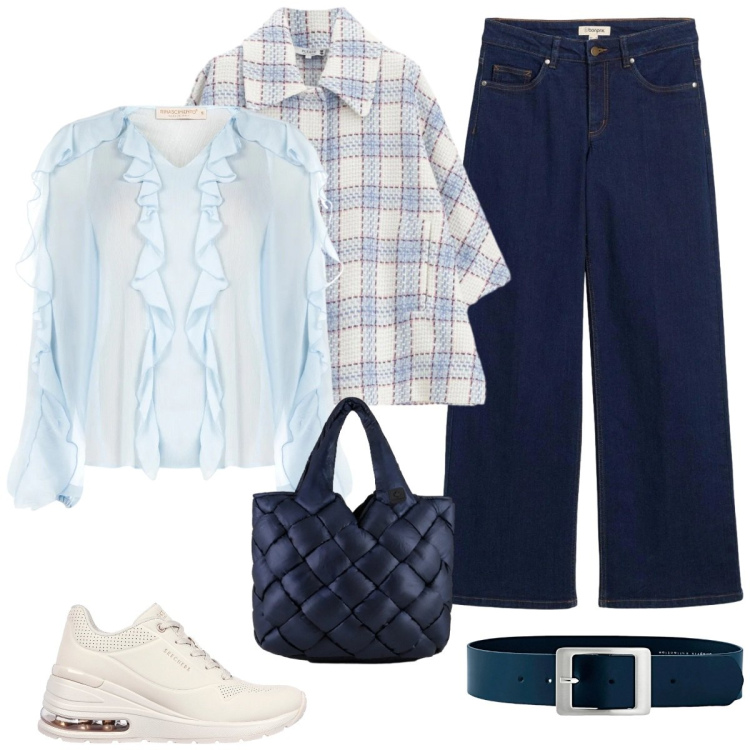 Outfit donna - Outfit perfetto è qui!. Stile Casual chic per Tutti i giorni. Abbinamento con cinture, jeans dritti, cappotti, bluse, borse tote, sneakers.