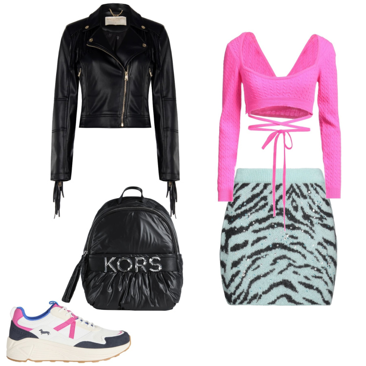 Outfit donna - Electric Zebra Bloom. Stile Glamour per Tutti i giorni. Abbinamento con zaini, minigonne, top, sneakers, giacche.