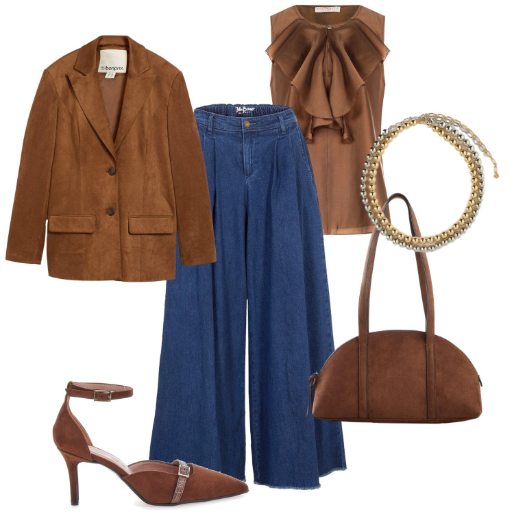 Outfit donna - Mix & Match H24. Stile Trendy per Tutti i giorni. Abbinamento con gonne, borse a tracolla, blazer, collane, bluse, décolleté.