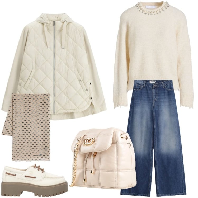 Outfit donna - Total look #2350836. Stile Urban per Tutti i giorni. Abbinamento con pullovers, mocassini, valigie, sciarpe, giacche, jeans.