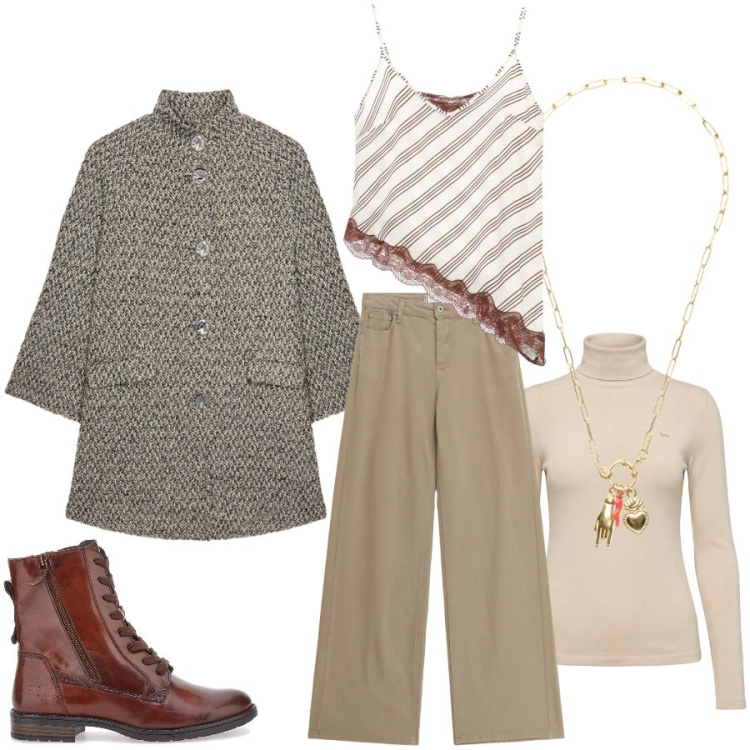 Outfit donna - Total look #2350838. Stile Trendy per Tutti i giorni. Abbinamento con maglieria, cappotti, top, pantaloni, ciondoli, anfibi.