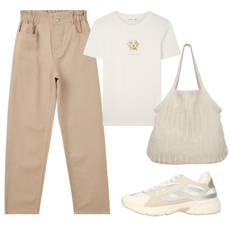 Outfit donna - Lovely Doggy. Stile Casual per Tutti i giorni. Abbinamento con pantaloni, t-shirt, shopping bag, sneakers.