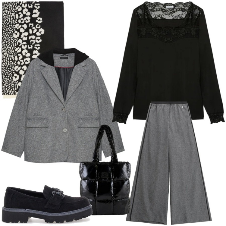 Outfit donna - Total look #2350843. Stile Casual chic per Ufficio. Abbinamento con bluse, sciarpe, cappotti, pantaloni, shopping bag, mocassini.