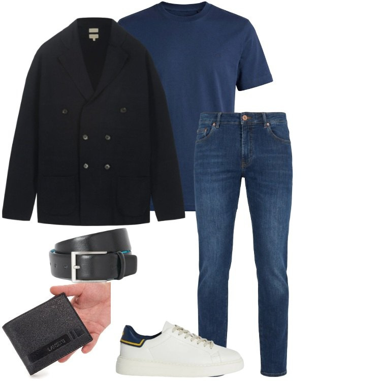 Outfit uomo - Marzo. Stile Casual per Tutti i giorni. Abbinamento con sneakers, t-shirt, jeans, cinture, portafogli, cardigans.