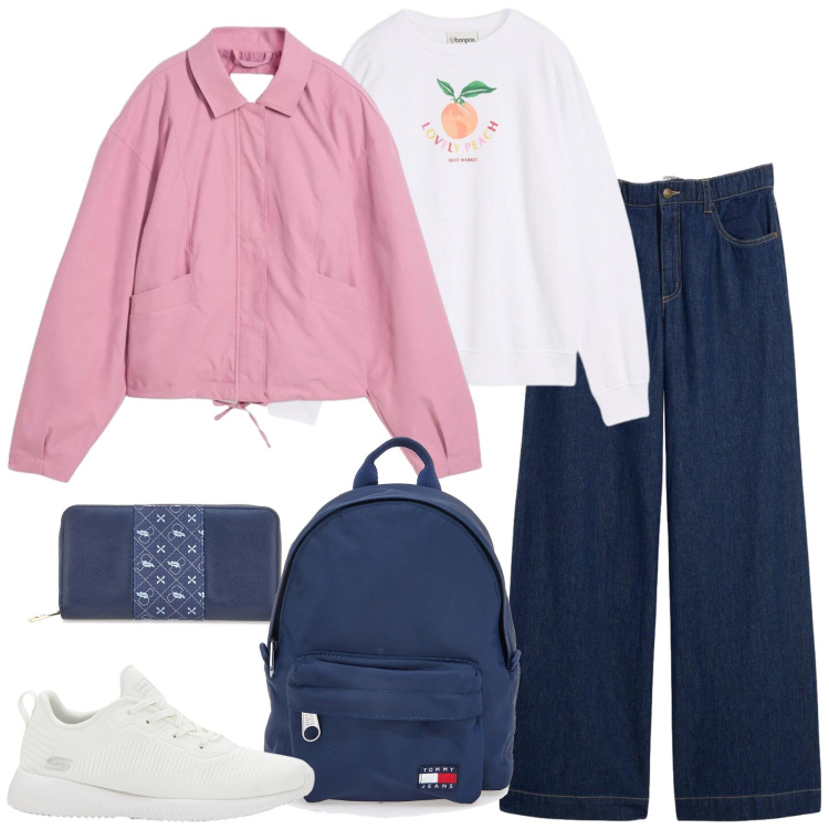 Outfit donna - Total look #2350848. Stile Sporty chic per Tutti i giorni. Abbinamento con bomber, sneakers, jeans dritti, felpe, portafogli, zaini.