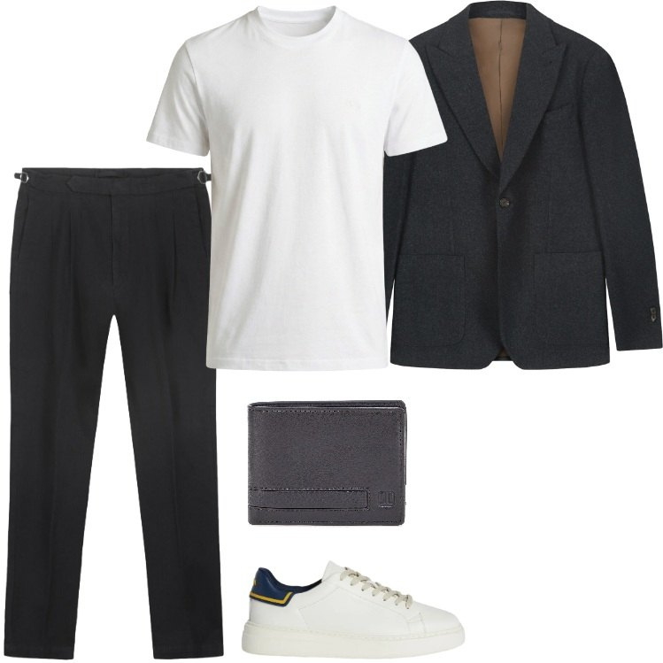 Outfit uomo - Linee essenziali e pulite. Stile Casual per Ufficio. Abbinamento con sneakers, t-shirt, portafogli, giacche, pantaloni.