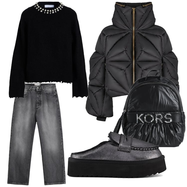 Outfit donna - Look. Stile Casual per Tutti i giorni. Abbinamento con pullovers, zaini, jeans, piumini, mocassini.