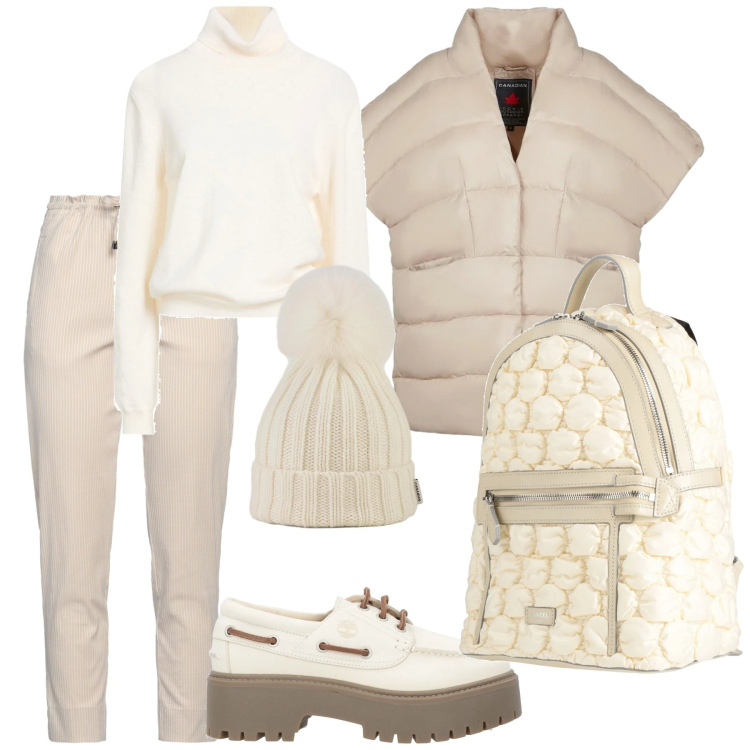 Outfit donna - Look. Stile Casual per Tutti i giorni. Abbinamento con mocassini, zaini, maglieria, pantaloni, berretti, piumini.