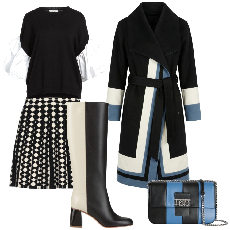 Outfit donna - Look. Stile Trendy per Ufficio. Abbinamento con minigonne, stivali, pullovers, cappotti, borse a tracolla.