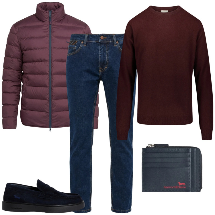 Outfit uomo - My man. Stile Casual per Tutti i giorni. Abbinamento con scarpe stringate, portamonete, bomber, jeans, maglieria.