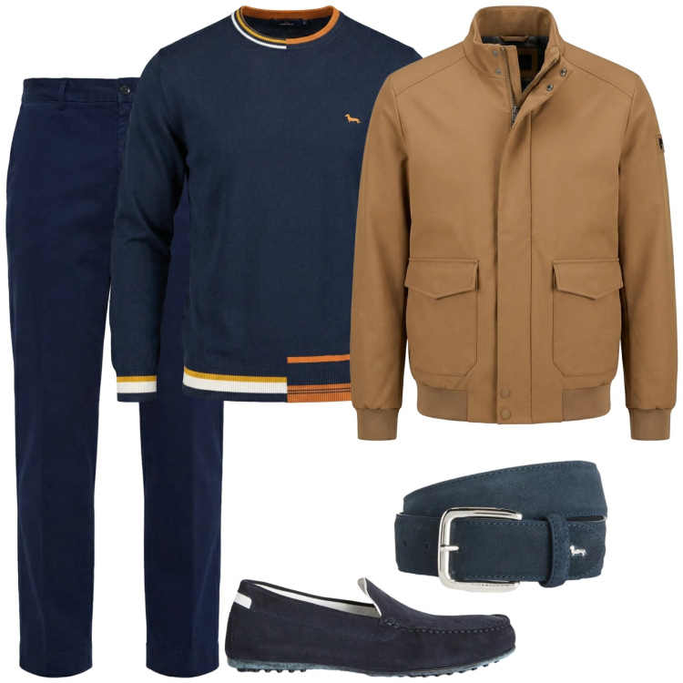 Outfit uomo - Un drink insieme. Stile Trendy per Serata speciale. Abbinamento con scarpe stringate, cinture, pantaloni chino, pullovers, bomber.