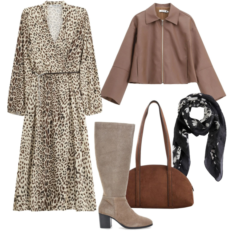 Outfit donna - Total look #2350864. Stile Casual chic per Tutti i giorni. Abbinamento con borse a tracolla, foulard, vestiti midi/longuette, blazer, stivali.