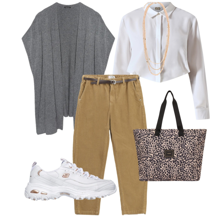 Outfit donna - Basic con classe. Stile Basic per Tutti i giorni. Abbinamento con gilet, collane, shopping bag, pantaloni chino, camicie, sneakers.