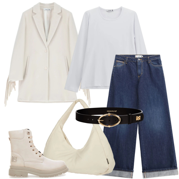 Outfit donna - Total look #2350871. Stile Urban per Tutti i giorni. Abbinamento con jeans, t-shirt, cappotti, cinture, borse a spalla, anfibi.