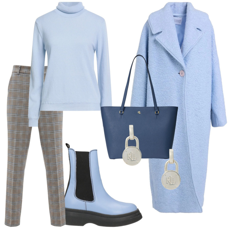 Outfit donna - Look. Stile Casual per Tutti i giorni. Abbinamento con cappotti, maglieria, stivaletti, pantaloni, borse tote, orecchini.