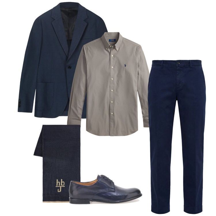Outfit uomo - Uomo in blu. Stile Business/Elegante per Serata speciale. Abbinamento con pantaloni chino, sciarpe, camicie, scarpe stringate, giacche.