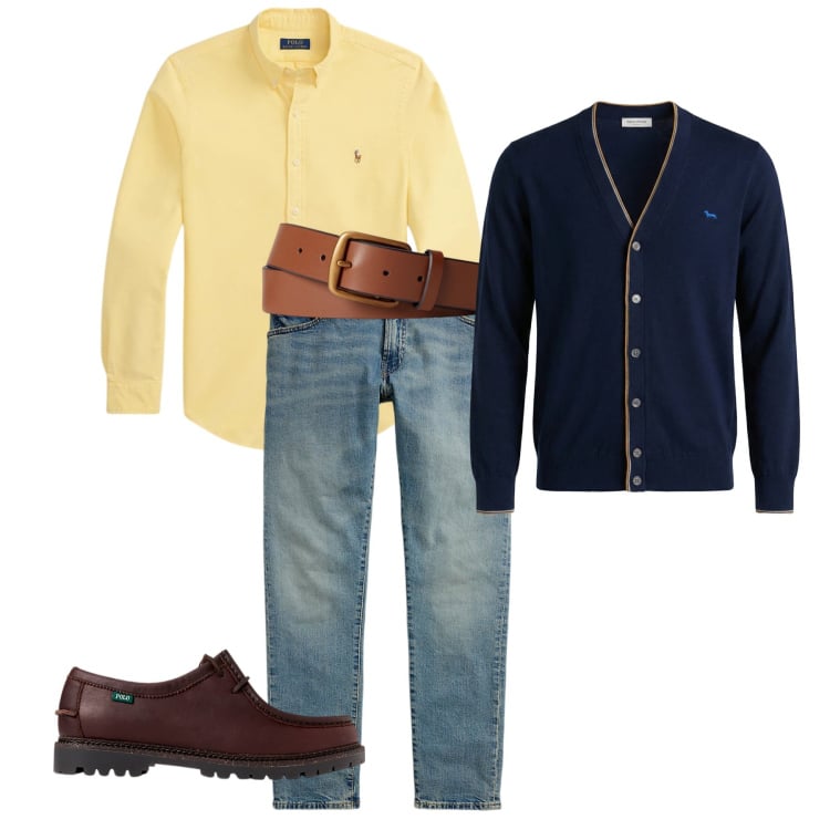 Outfit uomo - Arriva primavera. Stile Casual per Tutti i giorni. Abbinamento con cardigans, cinture, scarpe stringate, jeans, camicie.