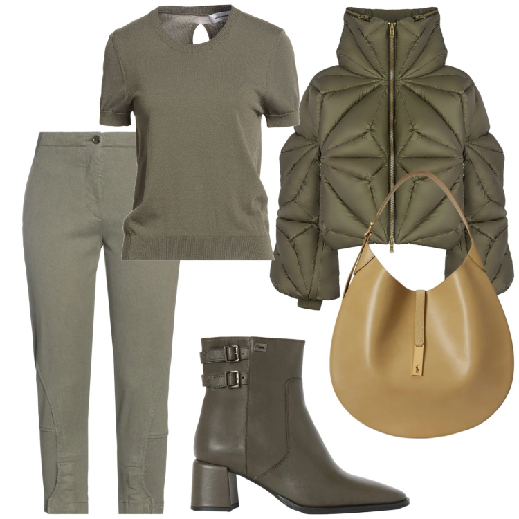 Outfit donna - Look. Stile Casual per Tutti i giorni. Abbinamento con jeans slim fit, pullovers, stivaletti, piumini, borse a spalla.