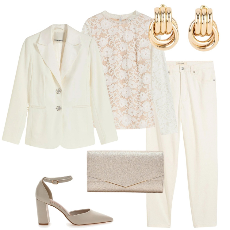 Outfit donna - Total look #2350887. Stile Bon Ton per Cerimonia. Abbinamento con maglieria, jeans mom, blazer, orecchini, clutch, décolleté.