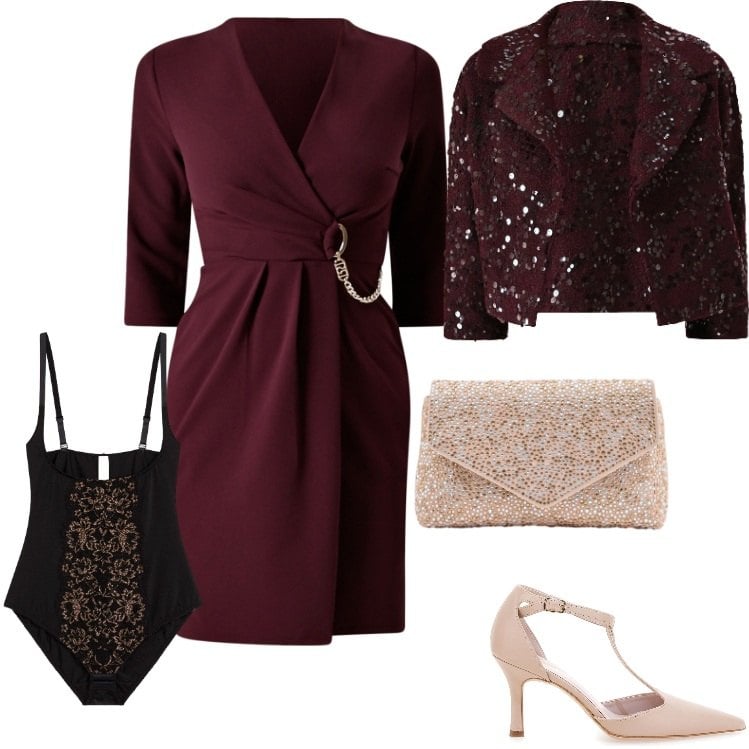 Outfit donna - Day-to-night. Stile Chic per Serata fuori. Abbinamento con body, pochette, vestiti, bolero, décolleté.