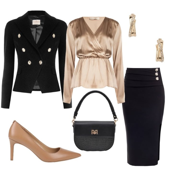 Outfit donna - Total look #2350891. Abbinamento con décolleté, borse a spalla, bluse, gonne longuette, blazer, orecchini.
