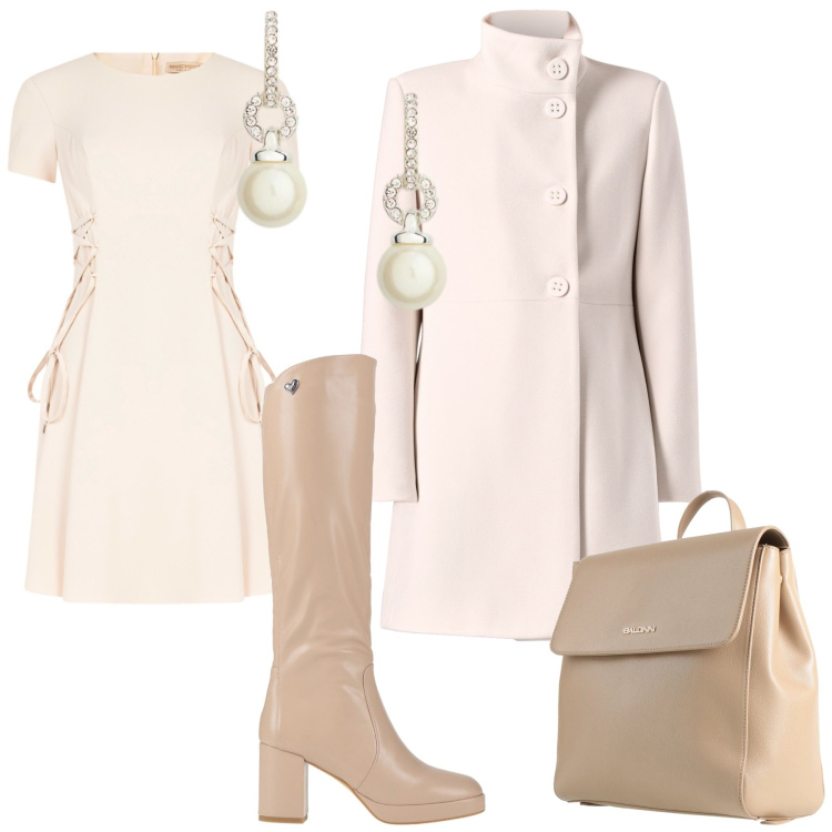 Outfit donna - Look. Stile Chic per Tutti i giorni. Abbinamento con zaini, stivali, vestiti corti, cappotti, orecchini.