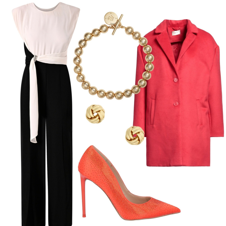 Outfit donna - Look. Stile Glamour per Serata fuori. Abbinamento con cappotti, décolleté, tute, braccialetti, orecchini.