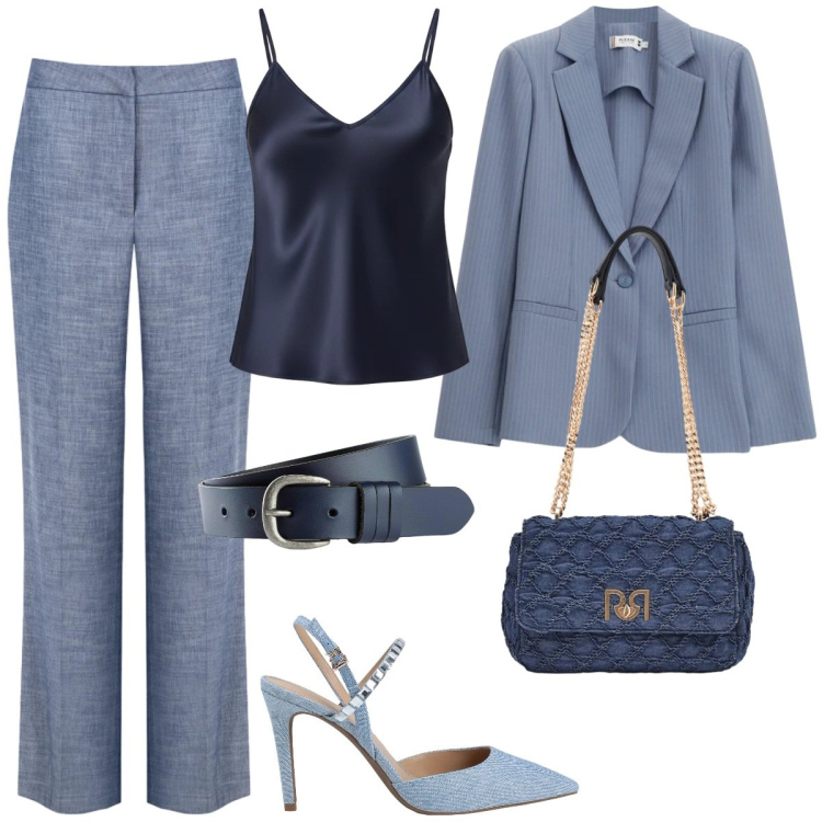 Outfit donna - Professionale. Stile Casual chic per Ufficio. Abbinamento con décolleté, cinture, blazer, canottiere, pantaloni, borse a spalla.