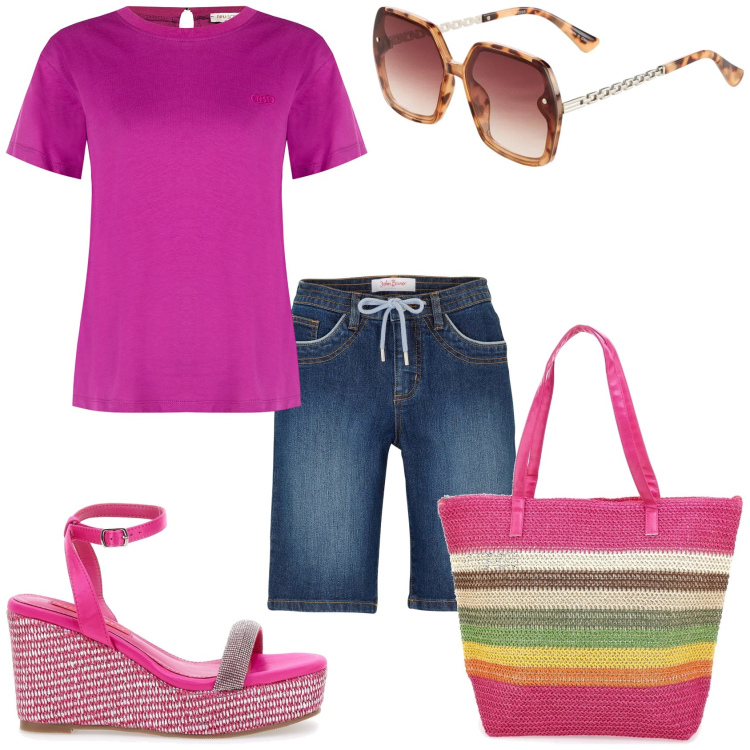 Outfit donna - Estate. Stile Casual per Tutti i giorni. Abbinamento con occhiali da sole, bermuda, t-shirt, zeppe, shopping bag.