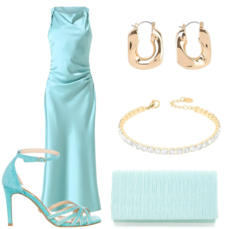 Outfit donna - Cerimonia in verde acqua. Stile Chic per Cerimonia. Abbinamento con orecchini, braccialetti, vestiti lunghi, sandali col tacco, pochette.